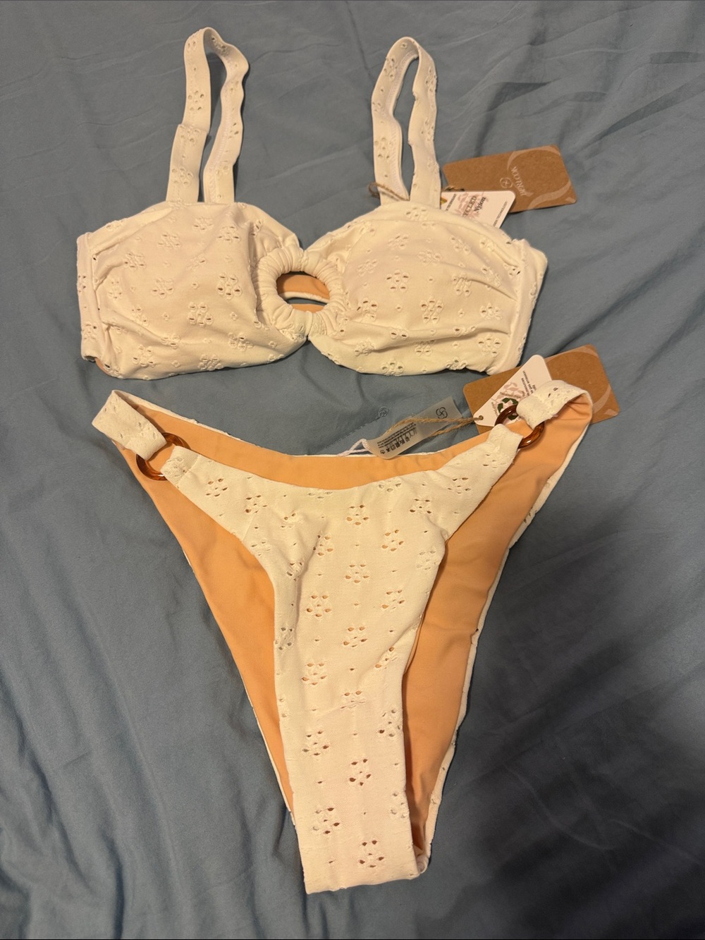 Eyelet Cutout Bikini Set in white and Peach - Women's Swimwear
